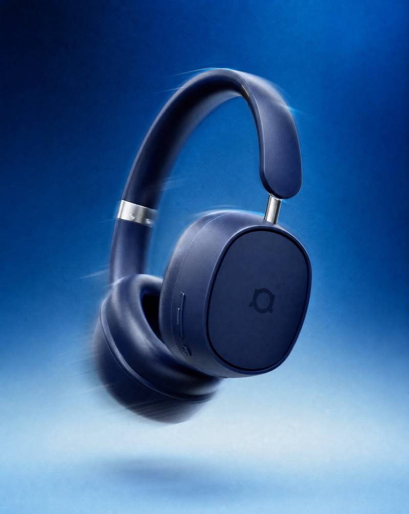 Blue Adda Collins headphones on a blue gradient background