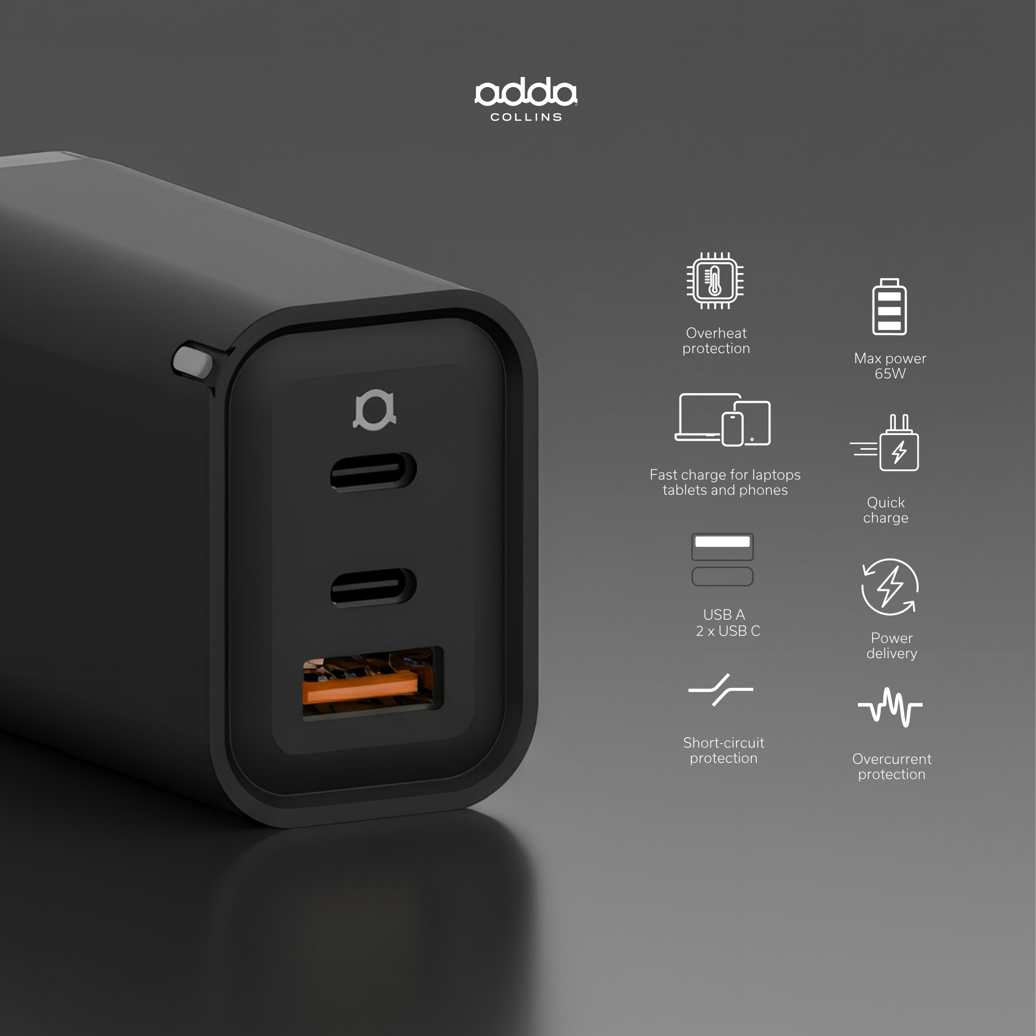 65W GaN wall charger — 3 ports