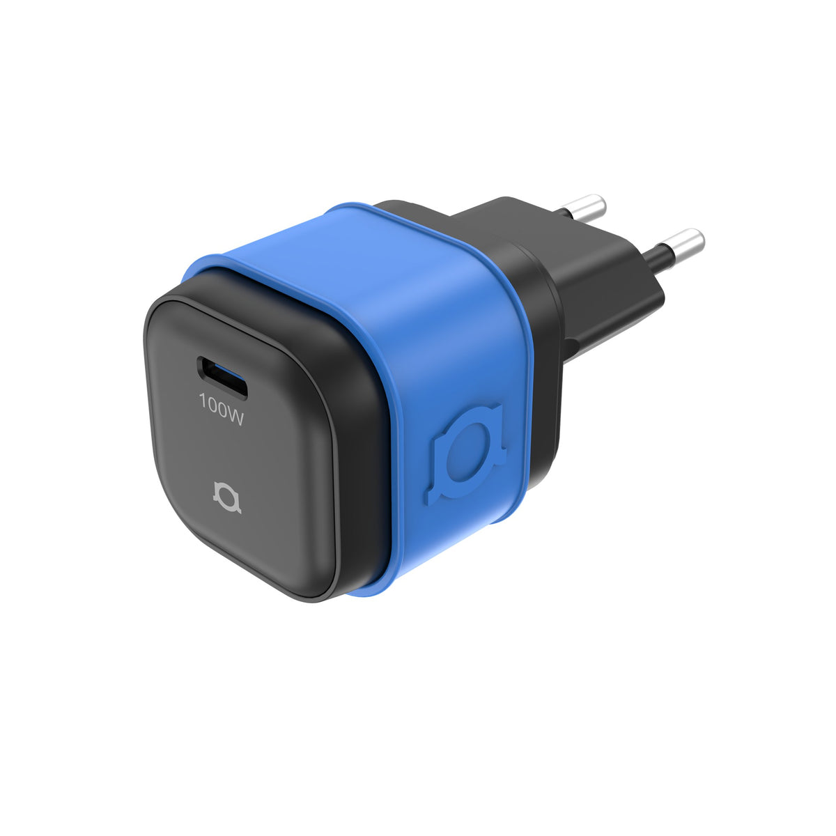 100W GaN charger with EU plug, angled view