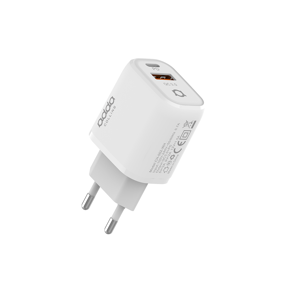 Zidni punjač Adda Collins CH-002-WH, Fusion Fast Charger 2u1, QC3.0 USB-A + PD 20W Type-C, bijeli