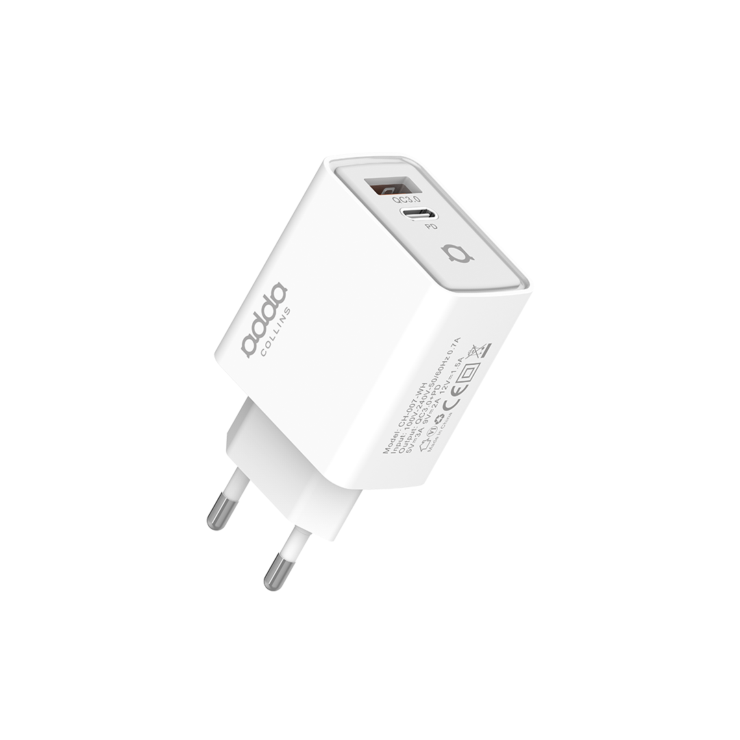 Zidni punjač Adda Collins CH-007-WH, USB-A i Type C izlazi, 30W, bijela