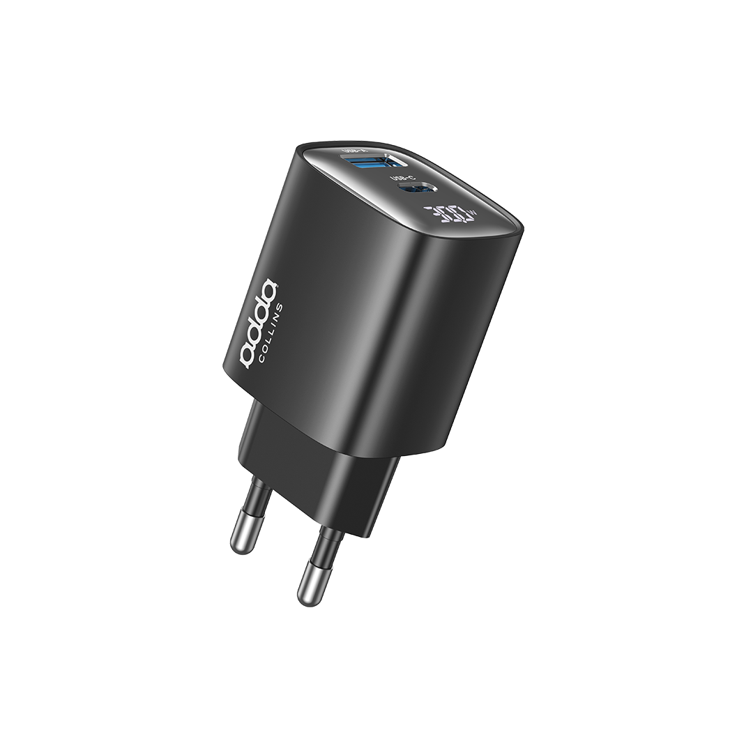 Zidni punjač Adda Collins CH-009-BK, USB-A i Type C izlazi, 30W, GaN, LED zaslon, crni